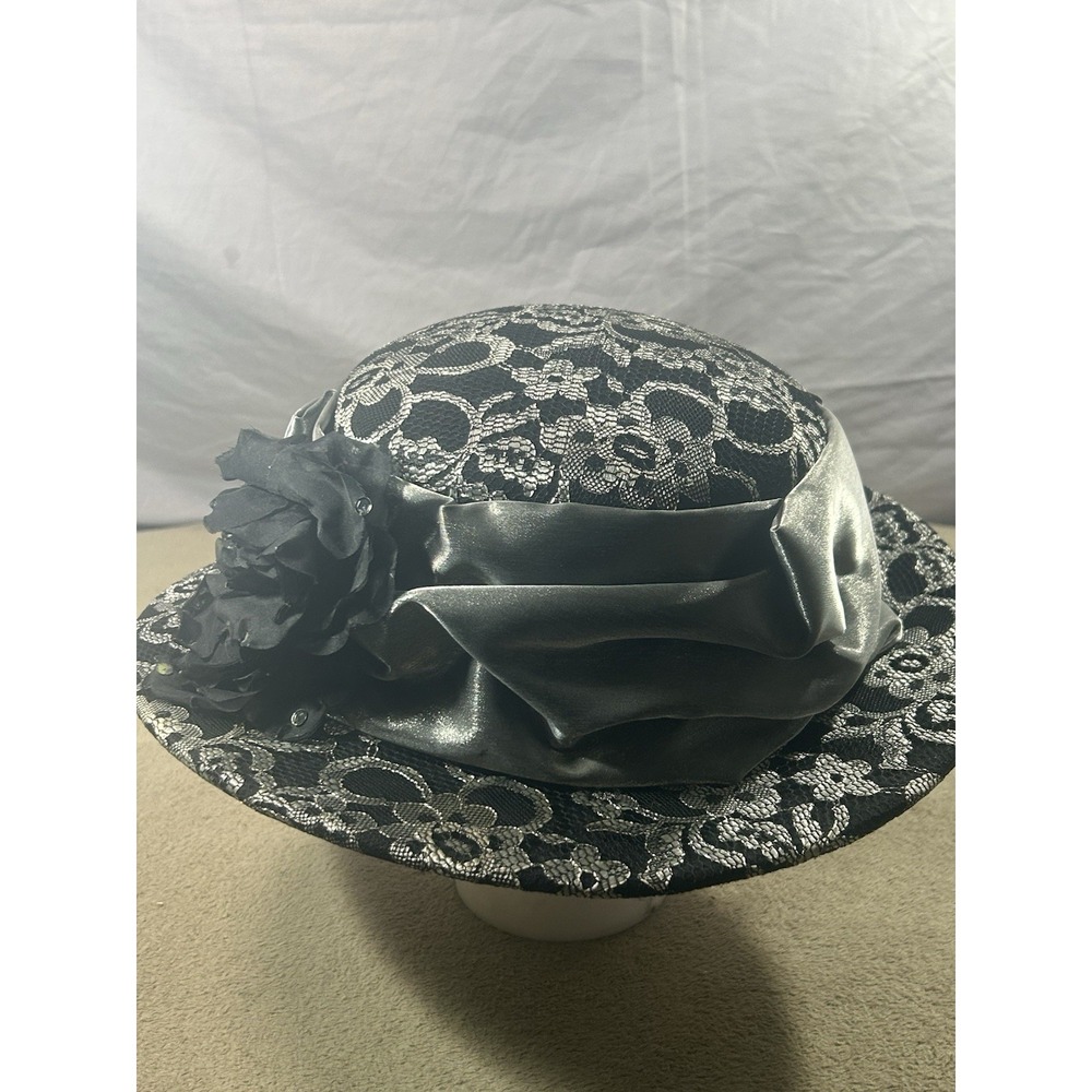 Whittall & Shon Black Silver Lace Church Derby Hat Wide Brim Floral Bow - Picture 2 of 9